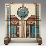 Art Deco Fan and Circle Teal Tan Rusty Tile<br><div class="desc">This "Art Deco Fan and Circle Ceramic Print Tile" captures the essence of the Art Deco era with its fan motifs and bold circular centerpiece. The design combines a symphony of teal, tan, and rust hues, harmonised with geometric precision on a creamy canvas. This tile print, though smooth and flat,...</div>