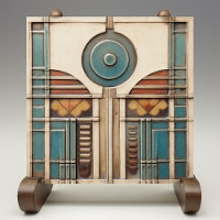 Art Deco Fan and Circle Teal Tan Rusty