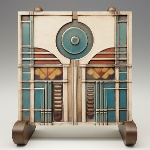 Art Deco Fan and Circle Teal Tan Rusty Tile