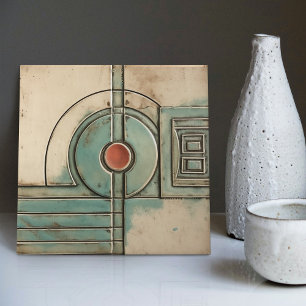 Art Deco Fan and Circle Teal Tan Rusty Tile