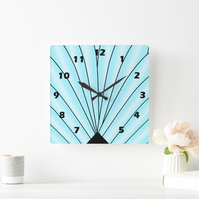 Art Deco Fan Design Blue Square Wall Clock (Home)