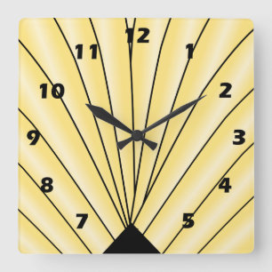 Art Deco Fan Design Gold Square Wall Clock