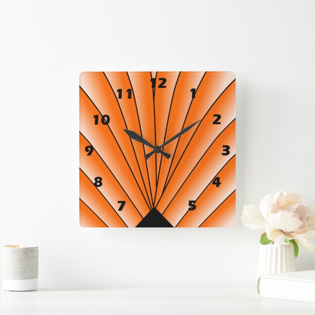 Art Deco Fan Design Orange Square Wall Clock (Home)