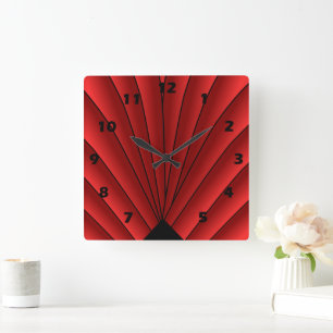 Art Deco Fan Design Red Square Wall Clock