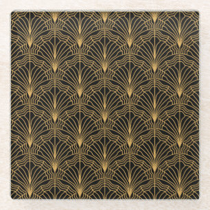 Art Deco Fan: Geometric Yellow Black Glass Coaster