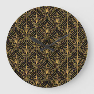 Art Deco Fan: Geometric Yellow Black Large Clock