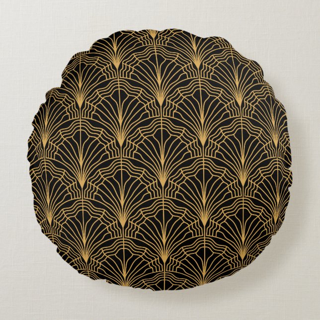 Art Deco Fan: Geometric Yellow Black Round Cushion (Front)