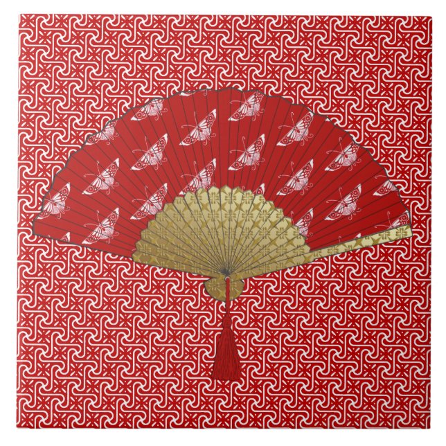 Art Deco Fan in a Butterfly Pattern, Deep Red Tile (Front)