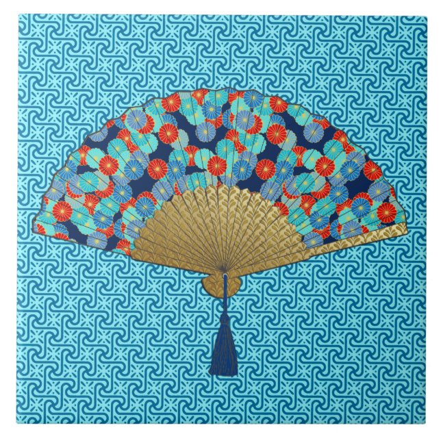Art Deco Fan in a Flower Pattern, Turquoise and Re Tile (Front)