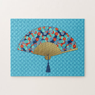 Art Deco Fan in a Flower Pattern, Turquoise & Red Jigsaw Puzzle