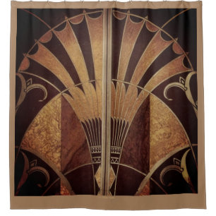 ART DECO FAN INLAID WOODWORK BROWN SHOWER CURTAIN