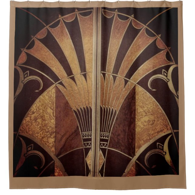 ART DECO FAN INLAID WOODWORK BROWN SHOWER CURTAIN (Front)
