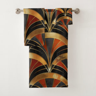 Art Deco Fan Motif Black, Gold & Deep Red Bath Towel Set