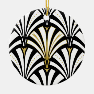 Art Deco fan pattern - black and white Ceramic Tree Decoration