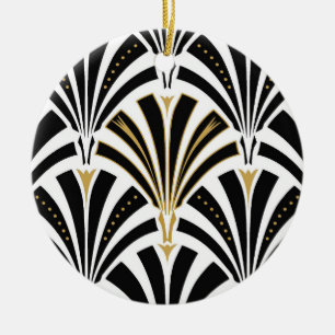 Art Deco fan pattern - black and white Ceramic Tree Decoration