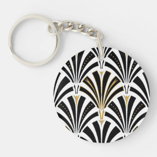 Art Deco fan pattern - black and white Key Ring