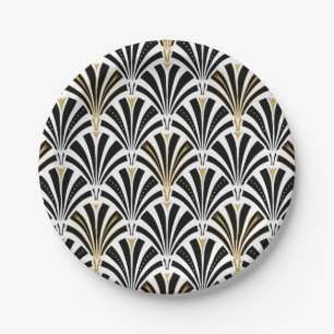 Art Deco fan pattern - black and white Paper Plate