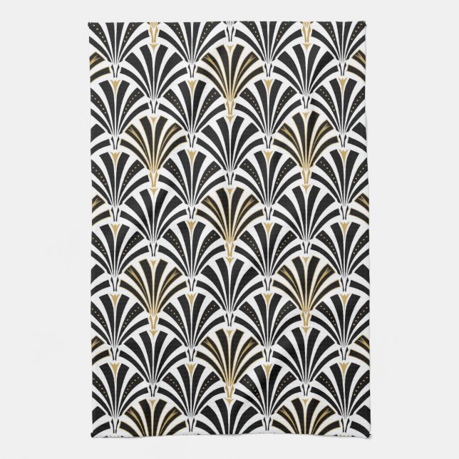 Art Deco fan pattern - black and white Tea Towel (Vertical)