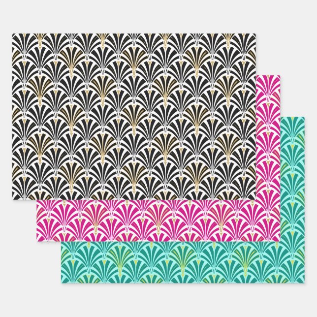 Art Deco Fan Pattern, Black/White, Pink, Aqua Wrapping Paper Sheet (Set)