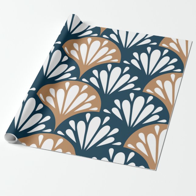 Art Deco Fan Pattern Blue Brown Ornamental Wrapping Paper (Unrolled)