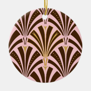 Art Deco fan pattern - chocolate on pink Ceramic Tree Decoration