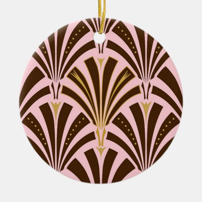 Art Deco fan pattern - chocolate on pink Ceramic Tree Decoration (Front)