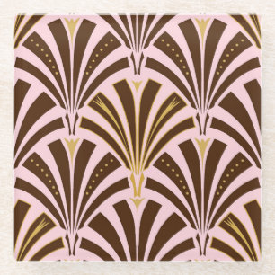 Art Deco fan pattern - chocolate on pink Glass Coaster