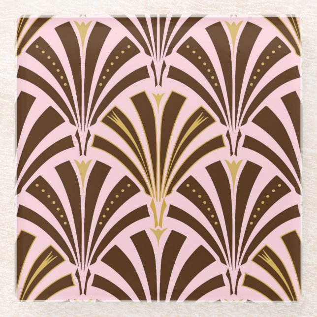 Art Deco fan pattern - chocolate on pink Glass Coaster (Front)