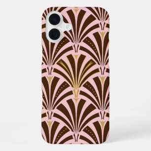 Art Deco fan pattern - chocolate on pink iPhone 16 Plus Case