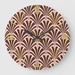 Art Deco fan pattern - chocolate on pink Large Clock