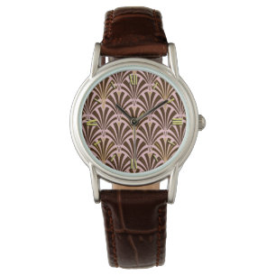 Art Deco fan pattern - chocolate on pink Watch