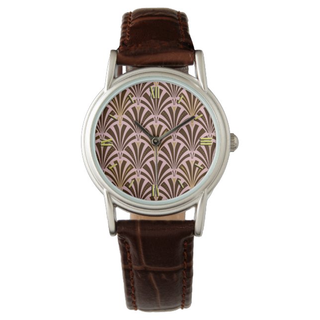 Art Deco fan pattern - chocolate on pink Watch (Front)