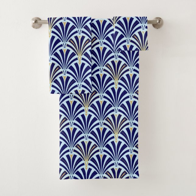 Art Deco Fan Pattern, cobalt and sky blue Bath Towel Set (Insitu)