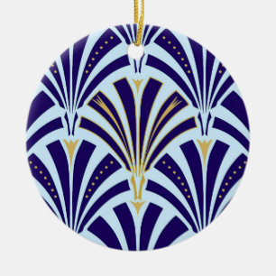Art Deco fan pattern - cobalt and sky blue Ceramic Tree Decoration
