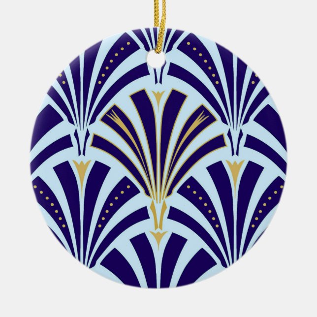 Art Deco fan pattern - cobalt and sky blue Ceramic Tree Decoration (Front)