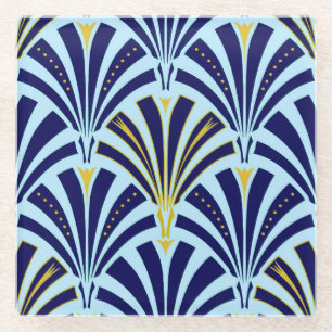 Art Deco fan pattern - cobalt and sky blue Glass Coaster