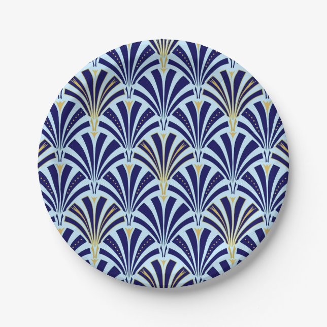 Art Deco fan pattern - cobalt and sky blue Paper Plate (Front)