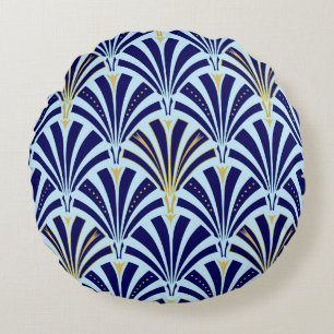 Art Deco fan pattern - cobalt and sky blue Round Cushion