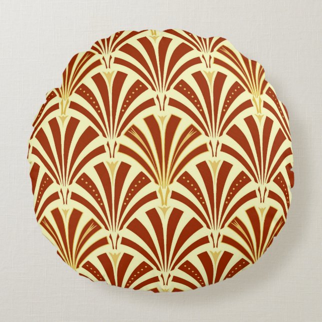Art Deco fan pattern - copper on yellow Round Cushion (Front)