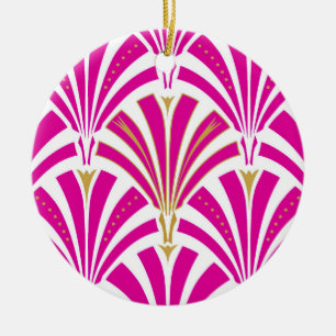 Art Deco fan pattern - fuchsia pink Ceramic Tree Decoration