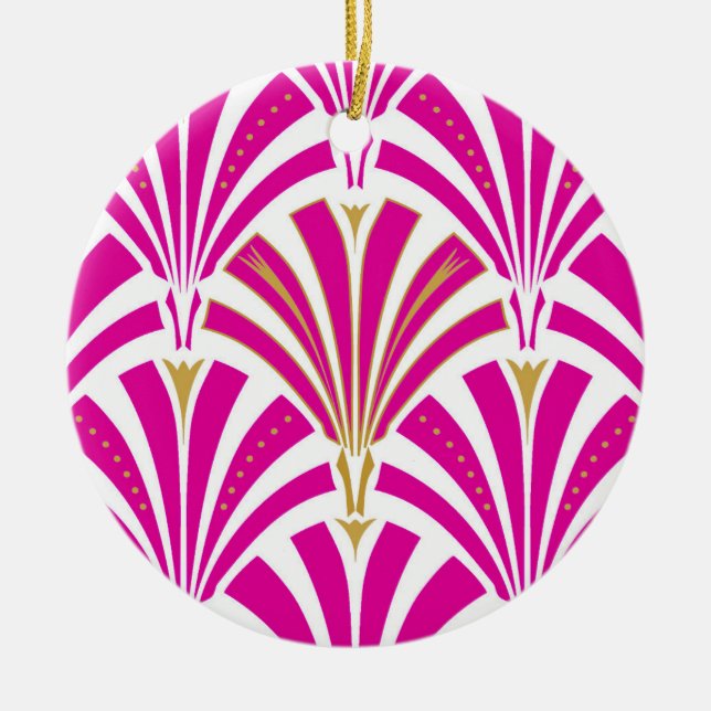Art Deco fan pattern - fuchsia pink Ceramic Tree Decoration (Front)