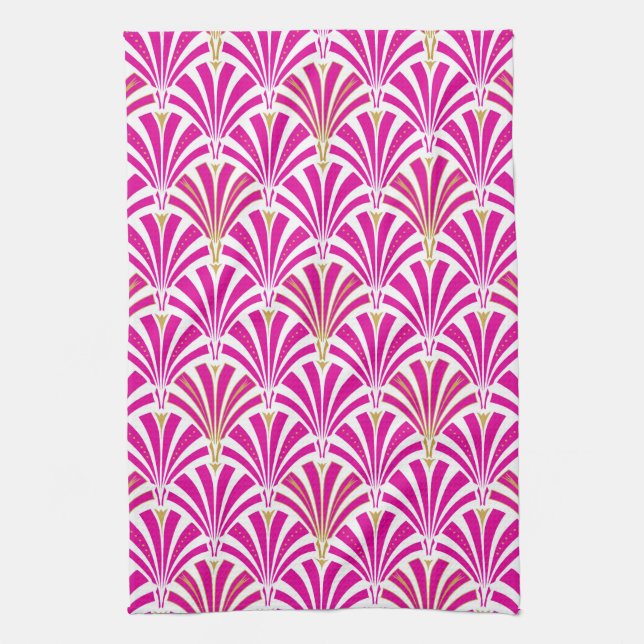 Art Deco fan pattern - fuchsia pink Tea Towel (Vertical)
