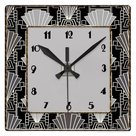 Art Deco Fan Pattern Grey and Black Square Wall Clock Zazzle.co.uk