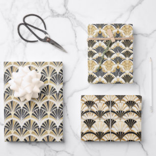 Art Deco Fan Pattern in Black & Gold on White Wrapping Paper Sheet