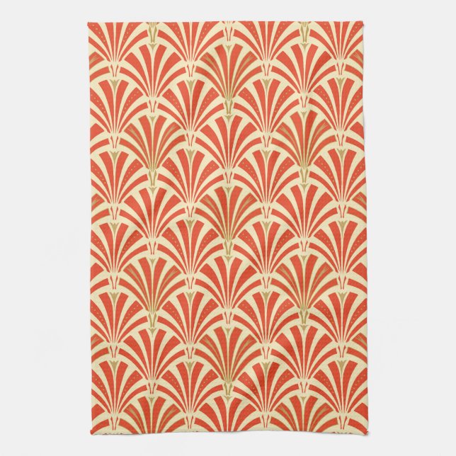 Art Deco fan pattern - mandarin orange Tea Towel (Vertical)