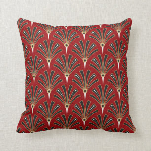 Art Deco Fan Pattern on Red 2 Cushion