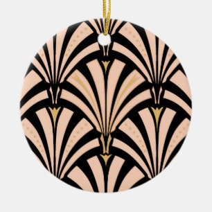 Art Deco fan pattern - peach on black Ceramic Tree Decoration