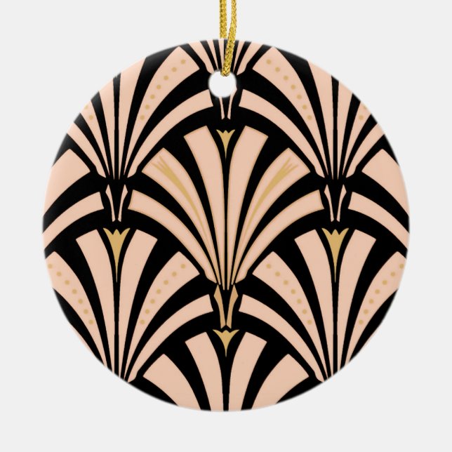 Art Deco fan pattern - peach on black Ceramic Tree Decoration (Front)