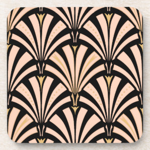 Art Deco fan pattern - peach on black Coaster