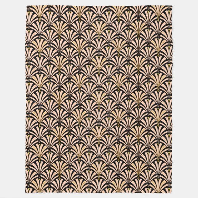 Art Deco fan pattern - peach on black Fleece Blanket (Front)